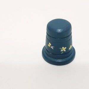 Vintage Wood Thimble Hand Painted Blue Small Flowers 1"